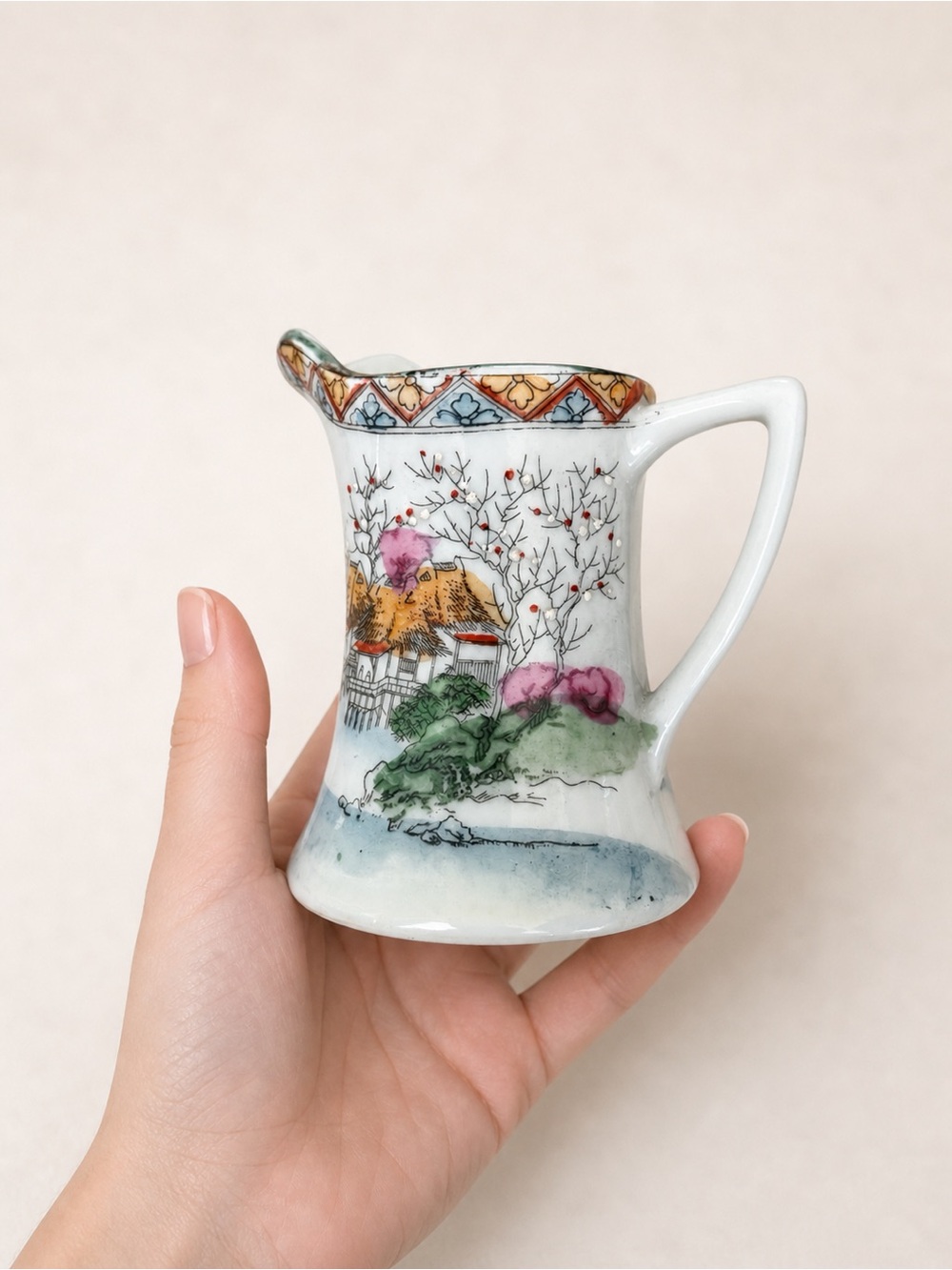 5 / $40 Vintage Japanese Porcelain Creamer Hand Painted Cherry Blossom  1950s